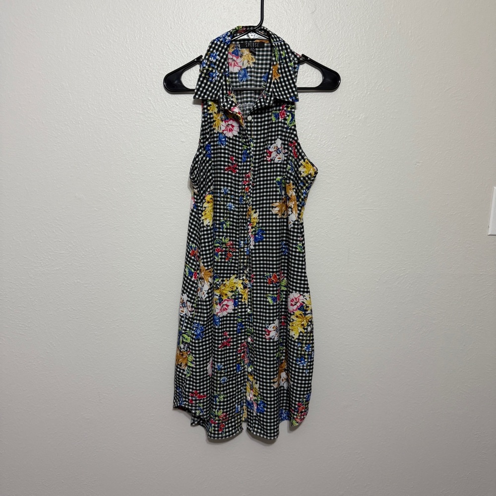 Women's Retro Style Sleeveless Gingham Floral Shirt Dress Button Front Size 10
